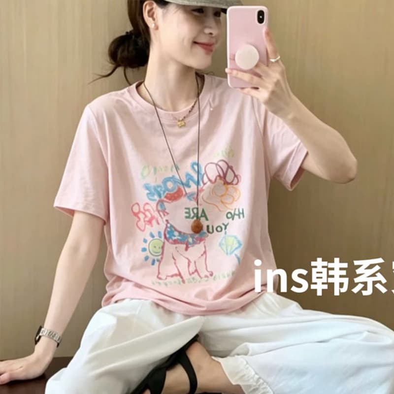 눈꽃 면 65 면 35 폴리 에스터 낙서 프린트 반팔 티셔츠 여성 여름 새로운 루즈핏 섹션 라운드 넥 반소매 맨위 이미지 2