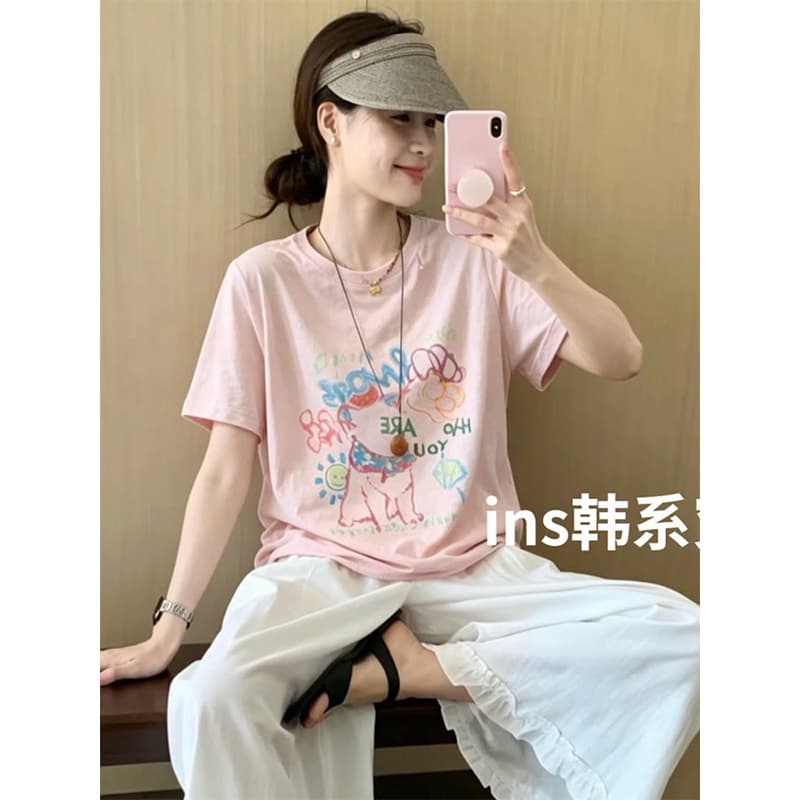 눈꽃 면 65 면 35 폴리 에스터 낙서 프린트 반팔 티셔츠 여성 여름 새로운 루즈핏 섹션 라운드 넥 반소매 맨위 상세 이미지 3