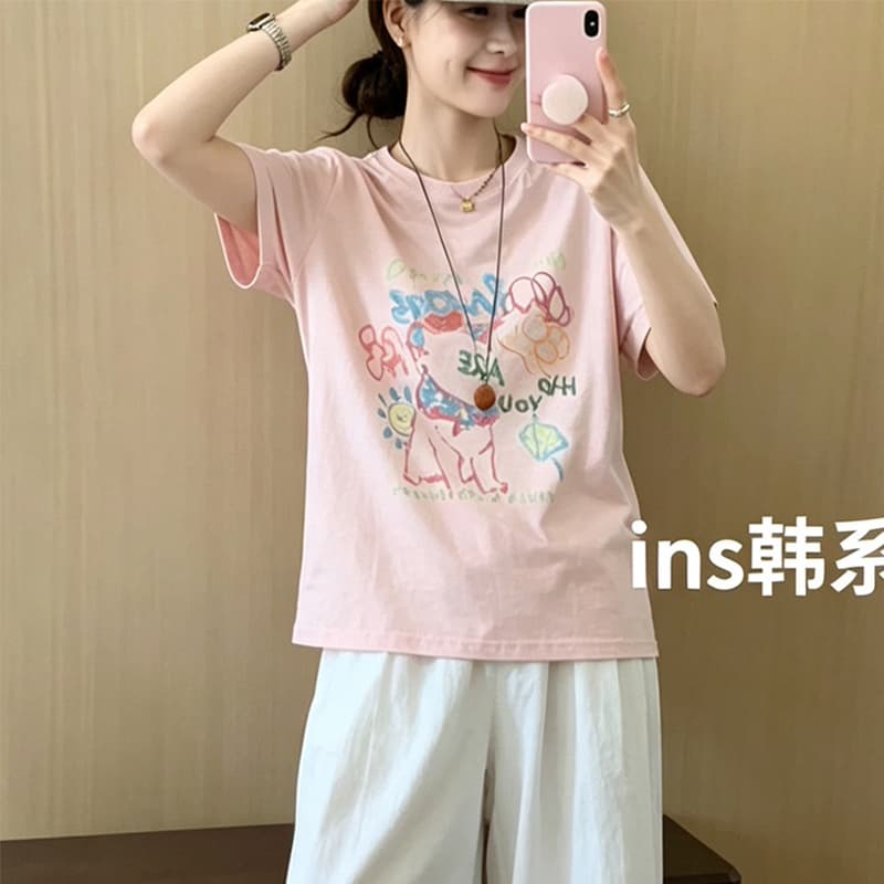 눈꽃 면 65 면 35 폴리 에스터 낙서 프린트 반팔 티셔츠 여성 여름 새로운 루즈핏 섹션 라운드 넥 반소매 맨위 상세 이미지 5