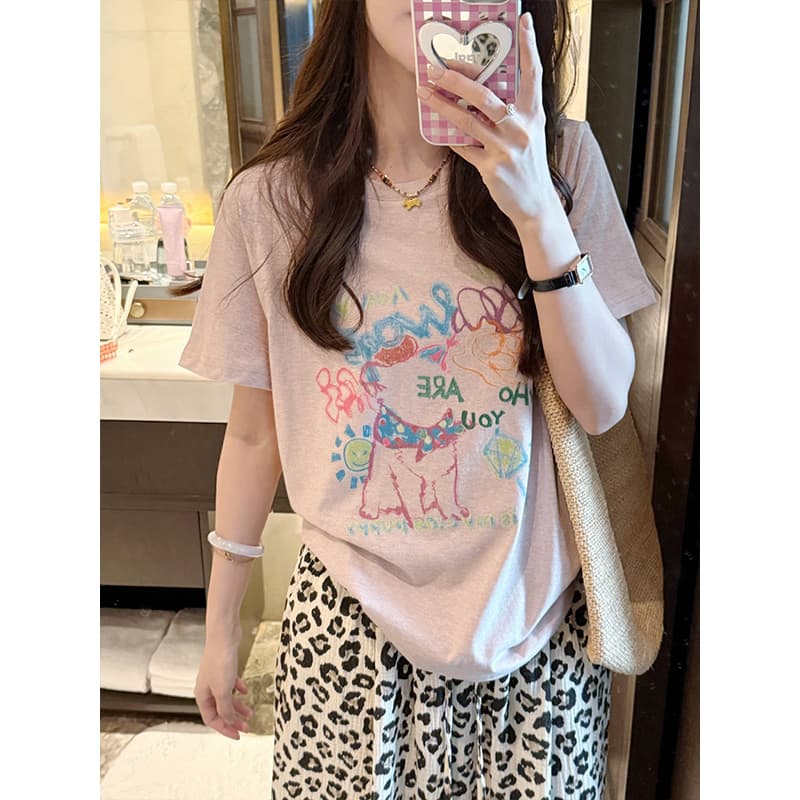 눈꽃 면 65 면 35 폴리 에스터 한 부서 패션 반팔 티셔츠 여름 새로운 여성 수채화 낙서 바람 프린트 맨위 이미지 3