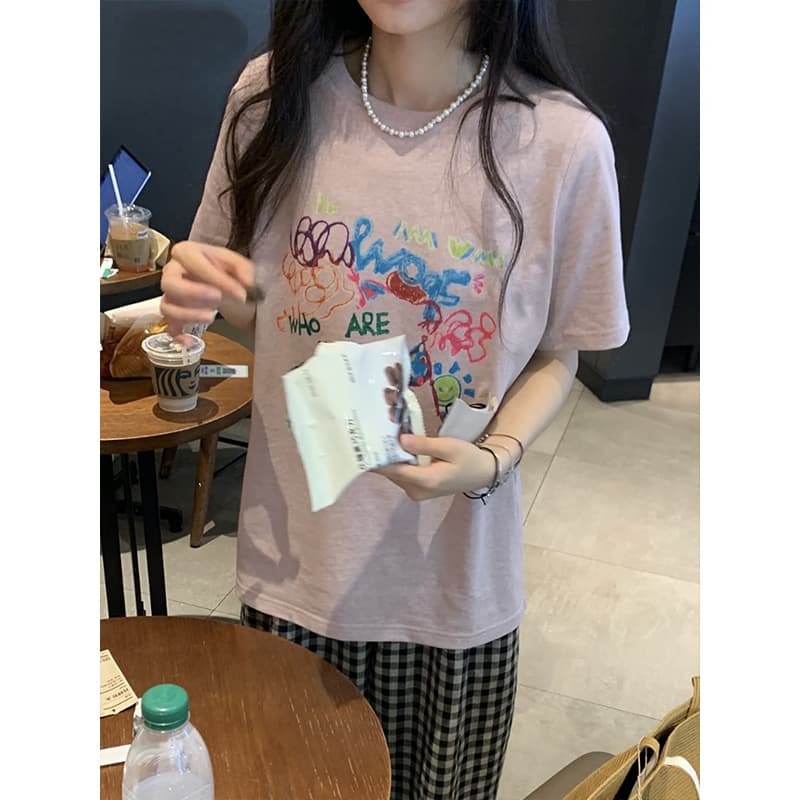 눈꽃 면 65 면 35 폴리 에스터 한 부서 패션 반팔 티셔츠 여름 새로운 여성 수채화 낙서 바람 프린트 맨위 이미지 2