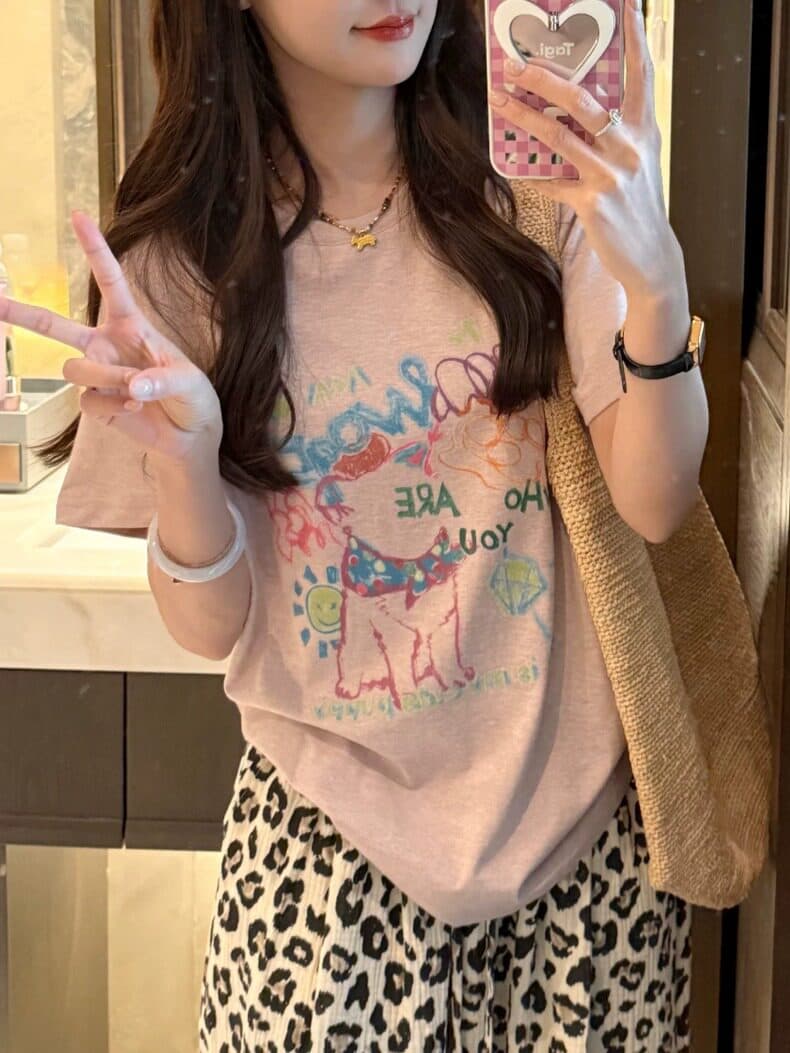 눈꽃 면 65 면 35 폴리 에스터 한 부서 패션 반팔 티셔츠 여름 새로운 여성 수채화 낙서 바람 프린트 맨위 상세 이미지 2