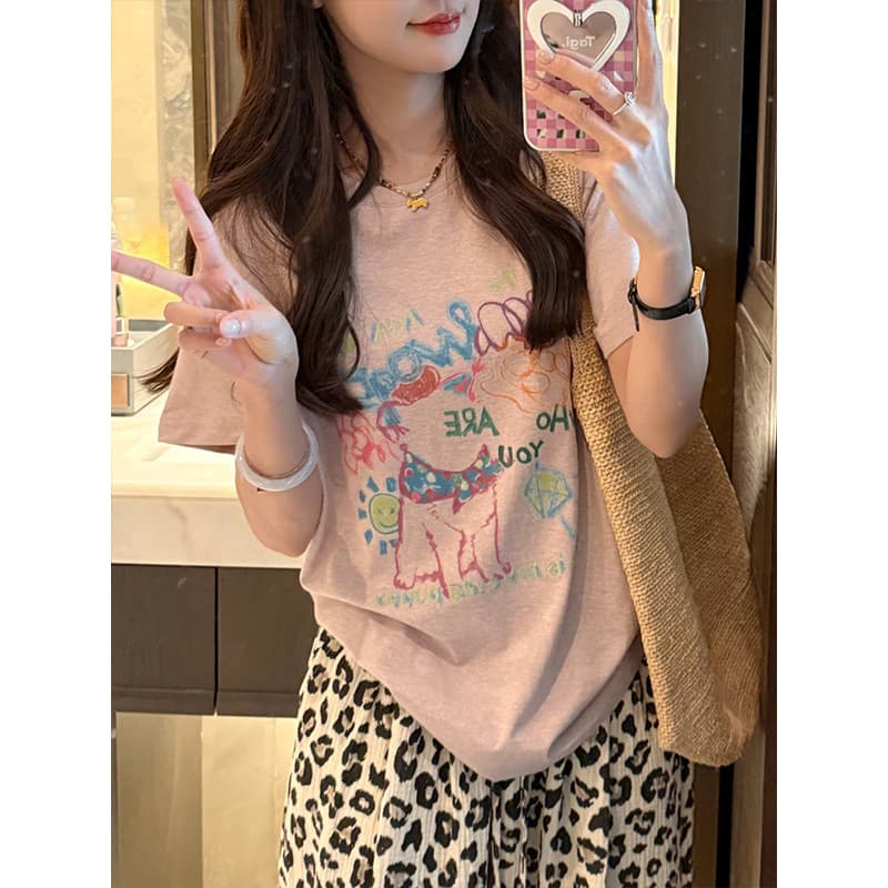 눈꽃 면 65 면 35 폴리 에스터 한 부서 패션 반팔 티셔츠 여름 새로운 여성 수채화 낙서 바람 프린트 맨위 상세 이미지 4