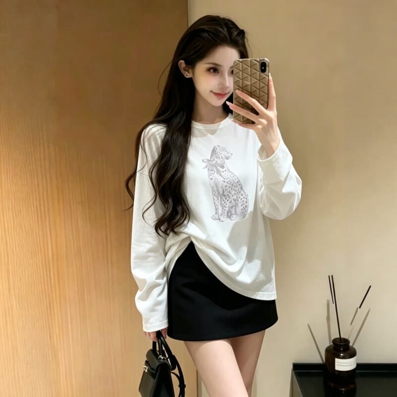 눈꽃 면 70 면 30 폴리 에스터 26 가을 새로운 디스플레이 품격 Chic 센스 진첸바오 프린트 여성 긴 소매 티셔츠 상세 이미지 2