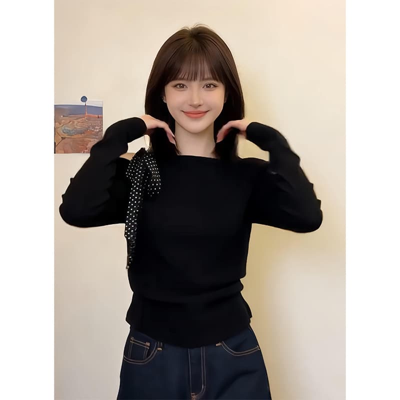 고급 블랙 오프숄더 나비 매듭 리본 긴팔 티셔츠 여성 2026 봄 한 부서 패션 다용도 고급 센스 맨위 이미지 4