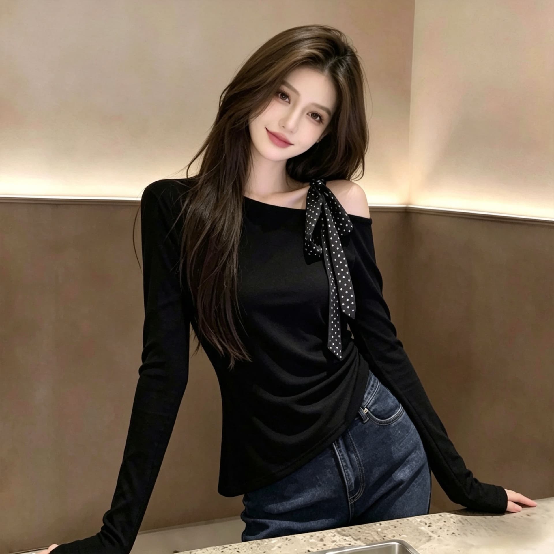 이른 봄 검정색 긴팔 순수한 욕망 바람 오프숄더 레이스업 허리 수축 슬림해 보이는 chic 다용도 티셔츠 디자인 센스 비스듬한 어깨 의류 상세 이미지 5