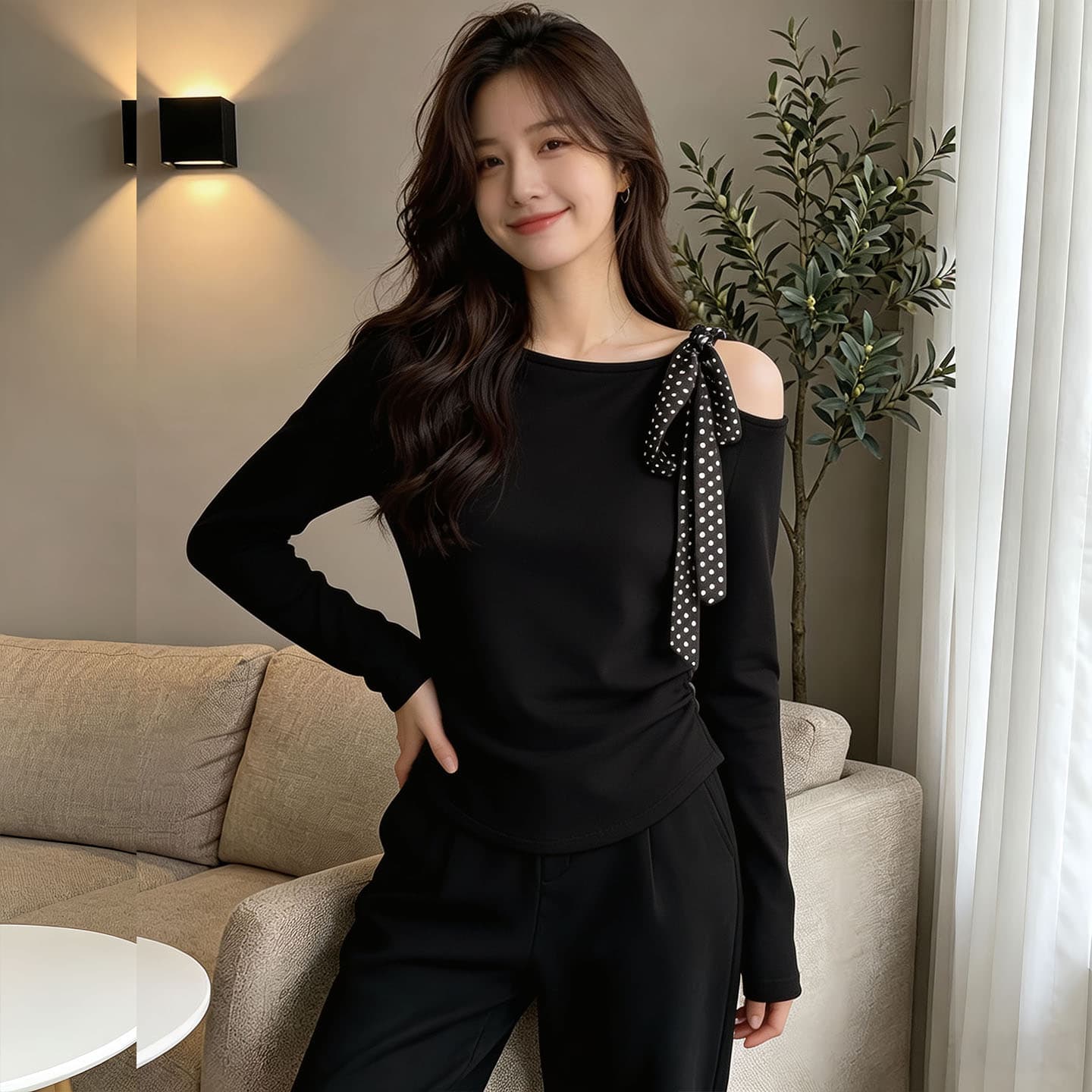 이른 가을 검정색 스트랩 오프숄더 긴팔 맨위 빅 사이즈 여성 의류 몸매 가꾸기 허리 수축 인사이드 가져 가라. 아름다운 기본 셔츠 수 있습니다. 싱글 착용