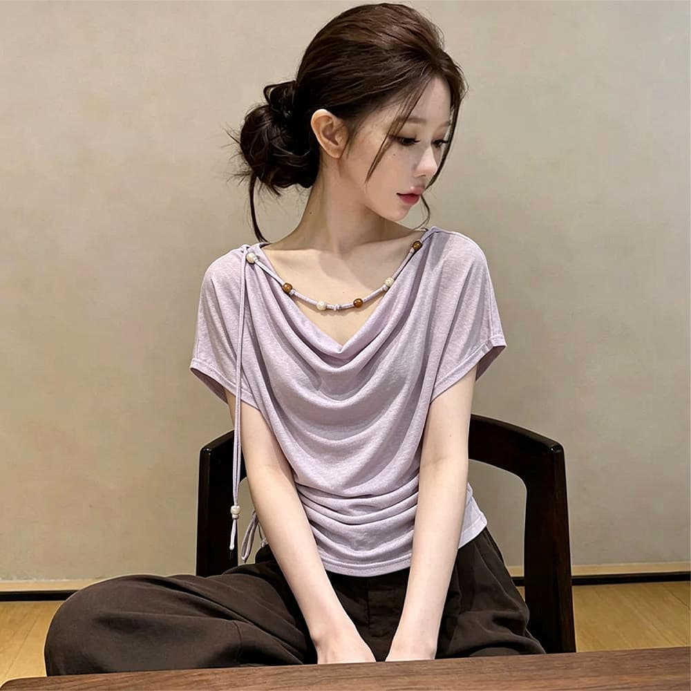 차가운 실크 차가운 면 리브 부드러운 흔들다 칼라 반팔 티셔츠 여성 여름 26 주름 패션 몸매 가꾸기 맨위 상세 이미지 4