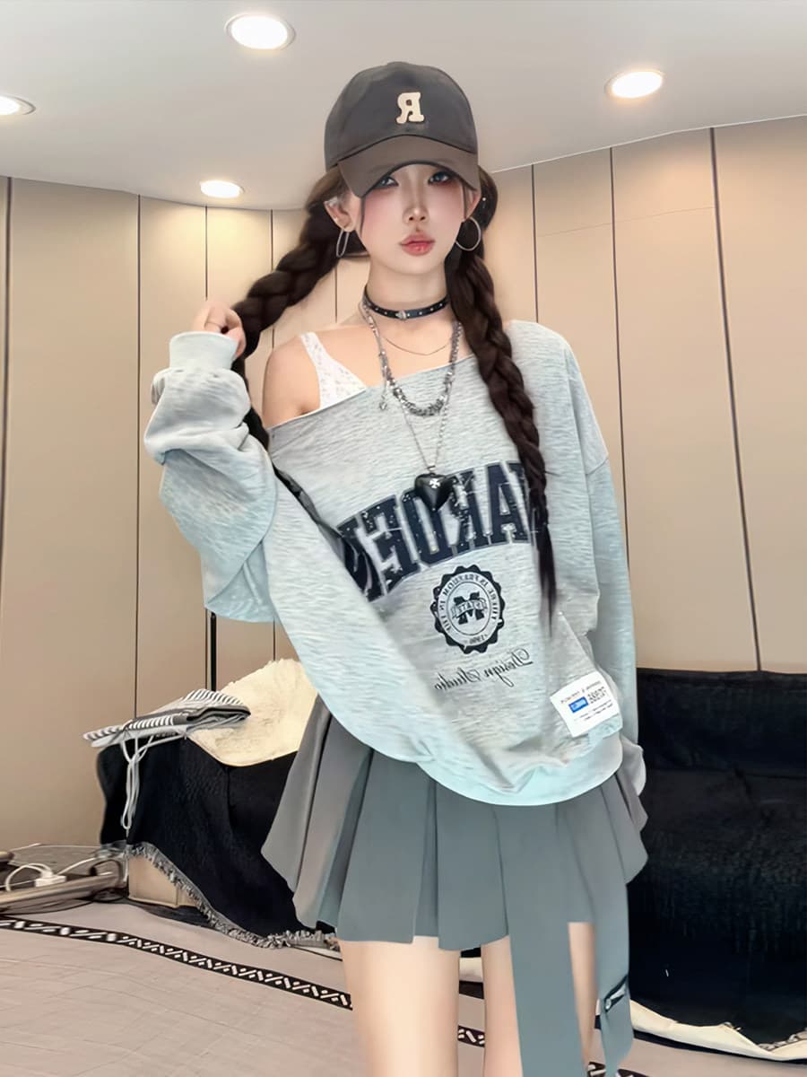 남자 바 면 아메리칸 스트리트 패션 알파벳 프린트 긴팔 티셔츠 여성 루즈핏 핫걸 바람 페이크 레이어드 맨위 상세 이미지 2