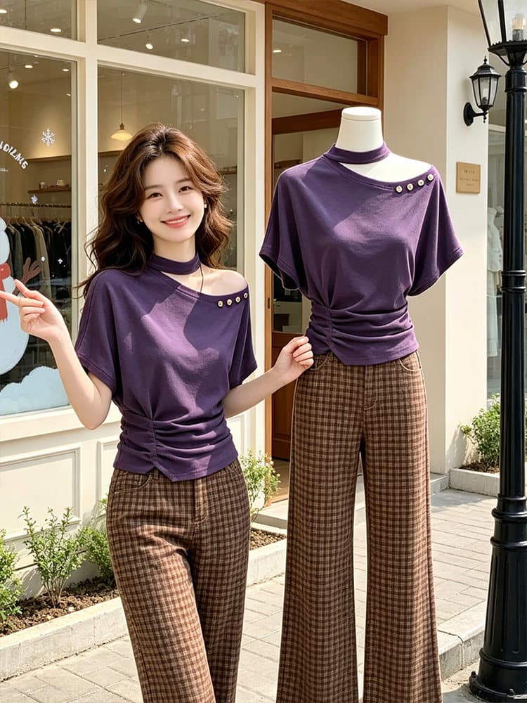 면 리브 26 디자인 센스 비스듬한 어깨 행침 목 홀로우 아웃 오프숄더 반팔 티셔츠 허리 수축 맨위 상세 이미지 3