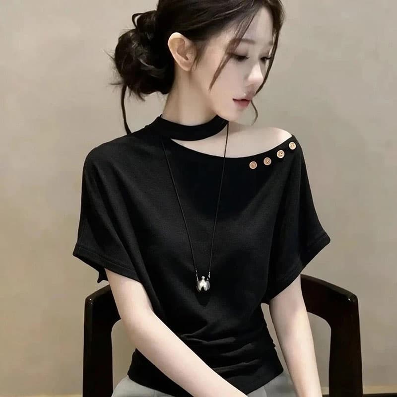 40 차가운 실크 차가운 면 리브 여름 26 새로운 패션 디자인 센스 오프숄더 외국 가스 반팔 티셔츠 맨위 이미지 2