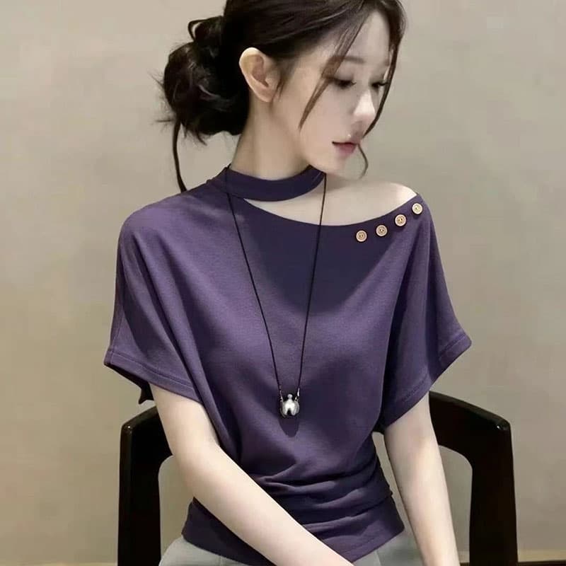 40 차가운 실크 차가운 면 리브 여름 26 새로운 패션 디자인 센스 오프숄더 외국 가스 반팔 티셔츠 맨위 이미지 3