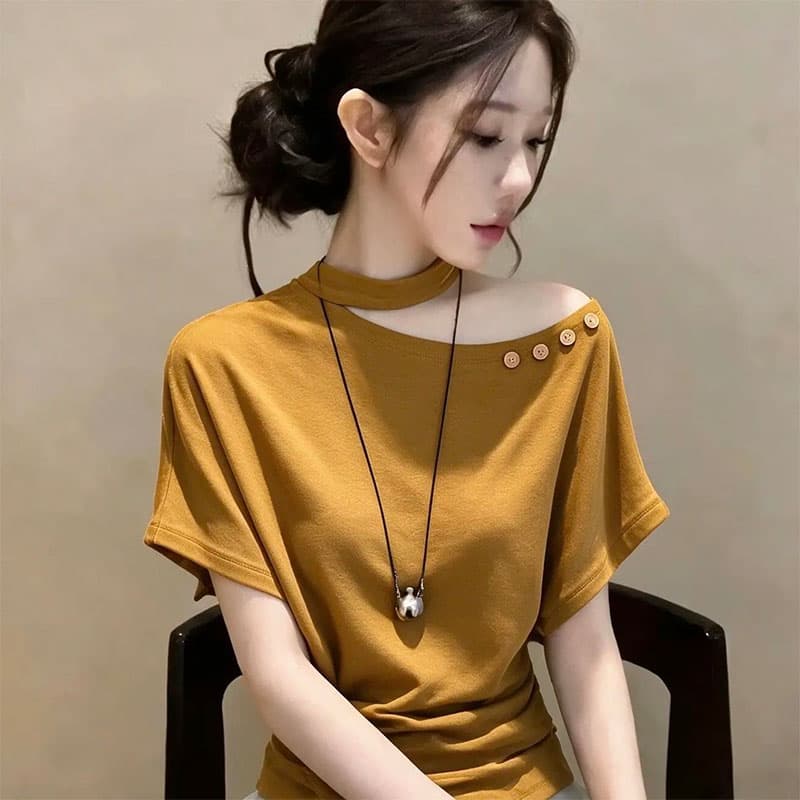 40 차가운 실크 차가운 면 리브 여름 26 새로운 패션 디자인 센스 오프숄더 외국 가스 반팔 티셔츠 맨위 상세 이미지 3