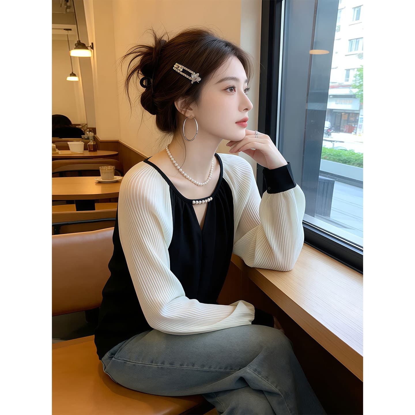 패션 작은 샤넬 스타일 긍정적 인 어깨 셔츠 26 봄 가을 지방 mm 슬림해 보이는 긴팔 기본 셔츠 맨위 이미지 2