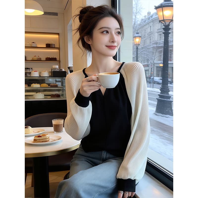 패션 작은 샤넬 스타일 긍정적 인 어깨 셔츠 26 봄 가을 지방 mm 슬림해 보이는 긴팔 기본 셔츠 맨위 이미지 3