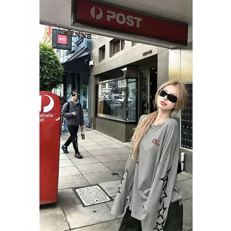 65 라이 경기 서울 35 폴리에스터 섬유 26 새로운 얇고 가벼운 알파벳 프린트 루즈핏 긴팔 티셔츠 블라우스 맨위 이미지 4