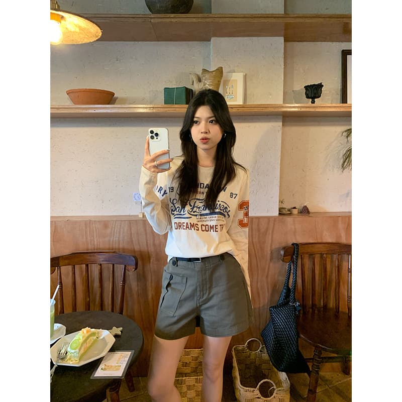 눈꽃 면 165g 아메리칸 레트로 알파벳 프린트 긴팔 티셔츠 여성 가을 새로운 루즈핏 다용도 섹션 맨위 상세 이미지 4