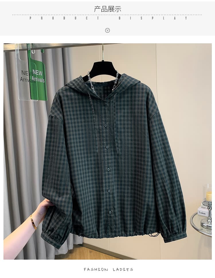 실사 순면 녹색 여성 셔츠 봄 일본식 레트로 캐주얼 맨위 루즈핏 체크무늬 후드 셔츠 상세 이미지 8