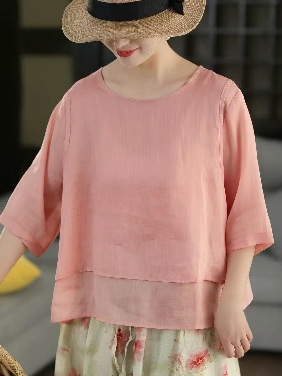 레트로 페이크 레이어드 셔츠 측면 단추 중간 소매 셔츠 이중층 진자 셔츠 맨위 여름 이미지 3