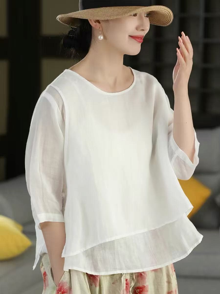 레트로 페이크 레이어드 셔츠 측면 단추 중간 소매 셔츠 이중층 진자 셔츠 맨위 여름 이미지 2
