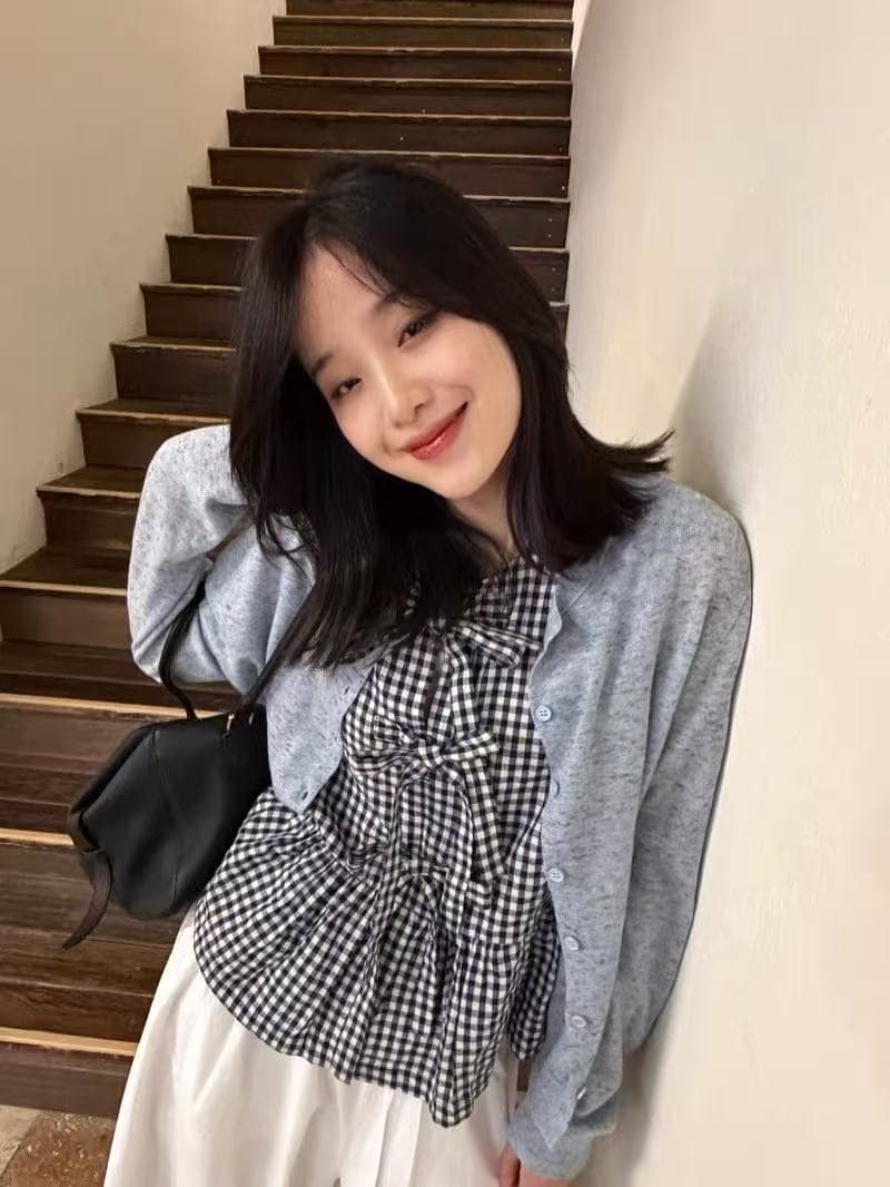 프랑스식 레트로 소녀 센스 나비 매듭 흑인과 백인 체크무늬 장난기 넘치는 프릴 인형 셔츠 이미지 4