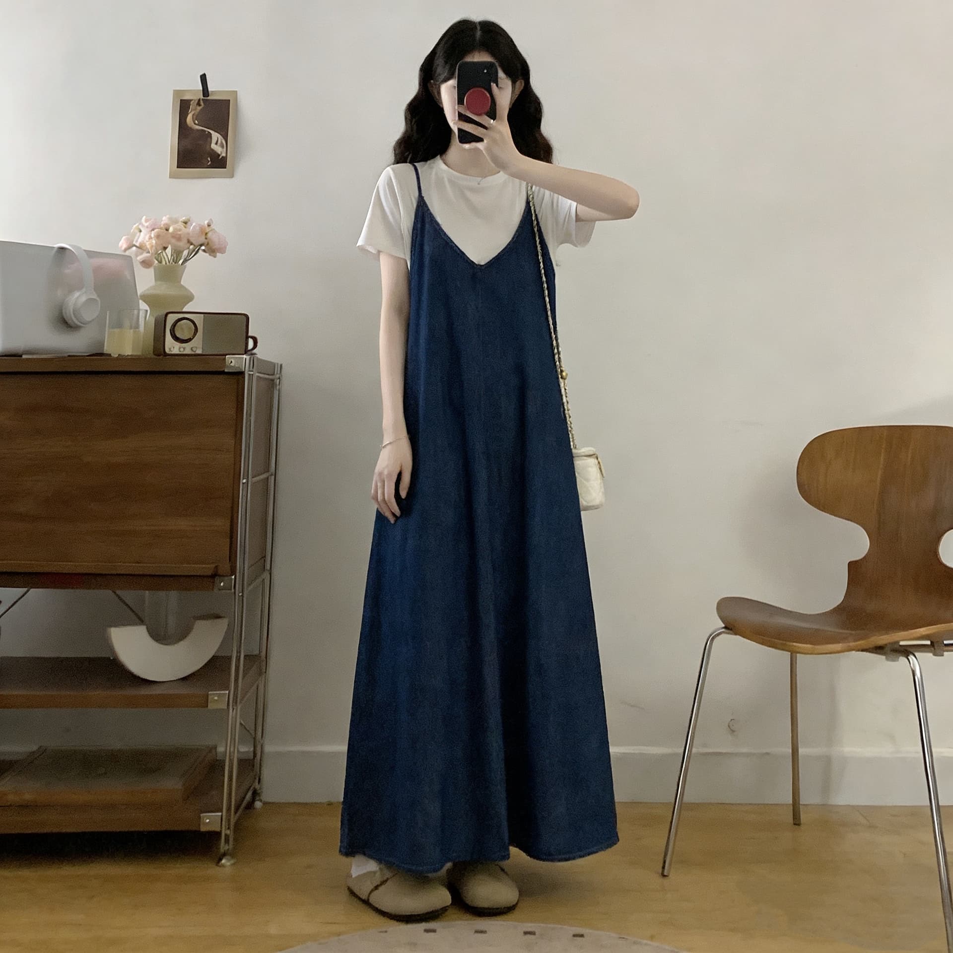 진한 파란색 데님 슬립 여성 드레스 2026 여름 빅 사이즈 지방 mm 배 모양 몸 슬림해 보이는 수 있습니다. 소금 수 있습니다. 달콤한 롱 스커트 이미지 5