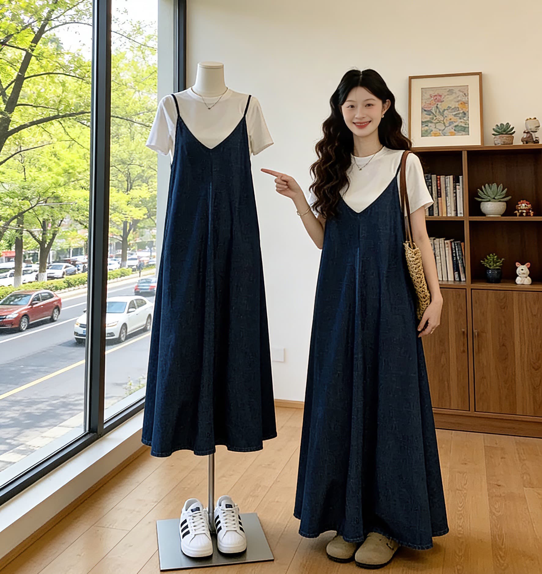 진한 파란색 데님 슬립 여성 드레스 2026 여름 빅 사이즈 지방 mm 배 모양 몸 슬림해 보이는 수 있습니다. 소금 수 있습니다. 달콤한 롱 스커트 상세 이미지 1
