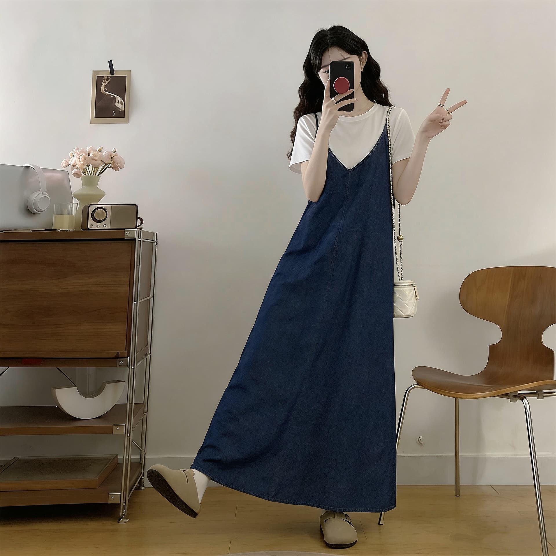 진한 파란색 데님 슬립 여성 드레스 2026 여름 빅 사이즈 지방 mm 배 모양 몸 슬림해 보이는 수 있습니다. 소금 수 있습니다. 달콤한 롱 스커트 상세 이미지 2