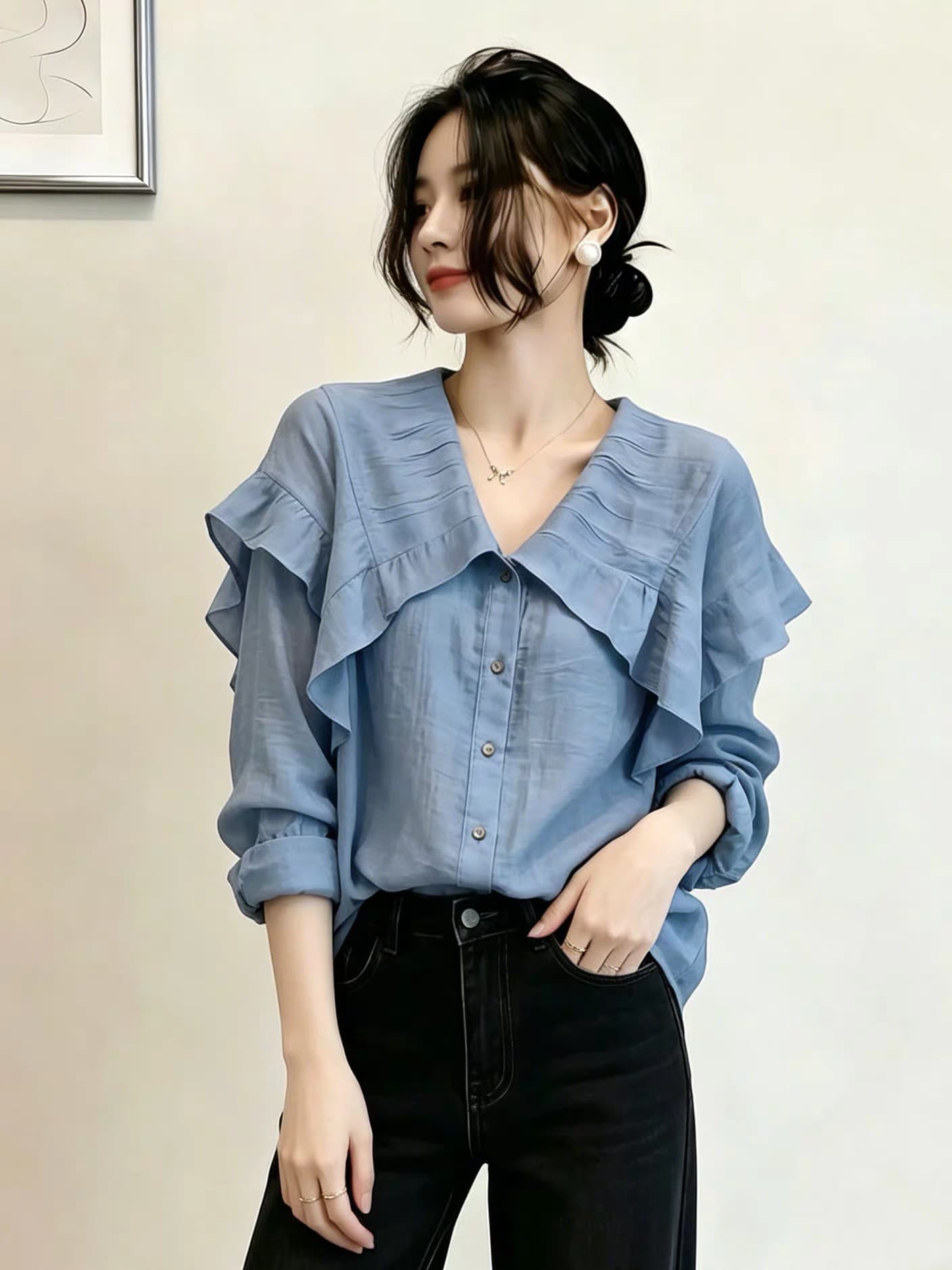 빅 사이즈 파란색 V넥 긍정적 인 어깨 긴팔 여성 셔츠 여름 지방 mm 고급 센스 얇은 스타일 셔츠 품격 고유 한 맨위 상세 이미지 3
