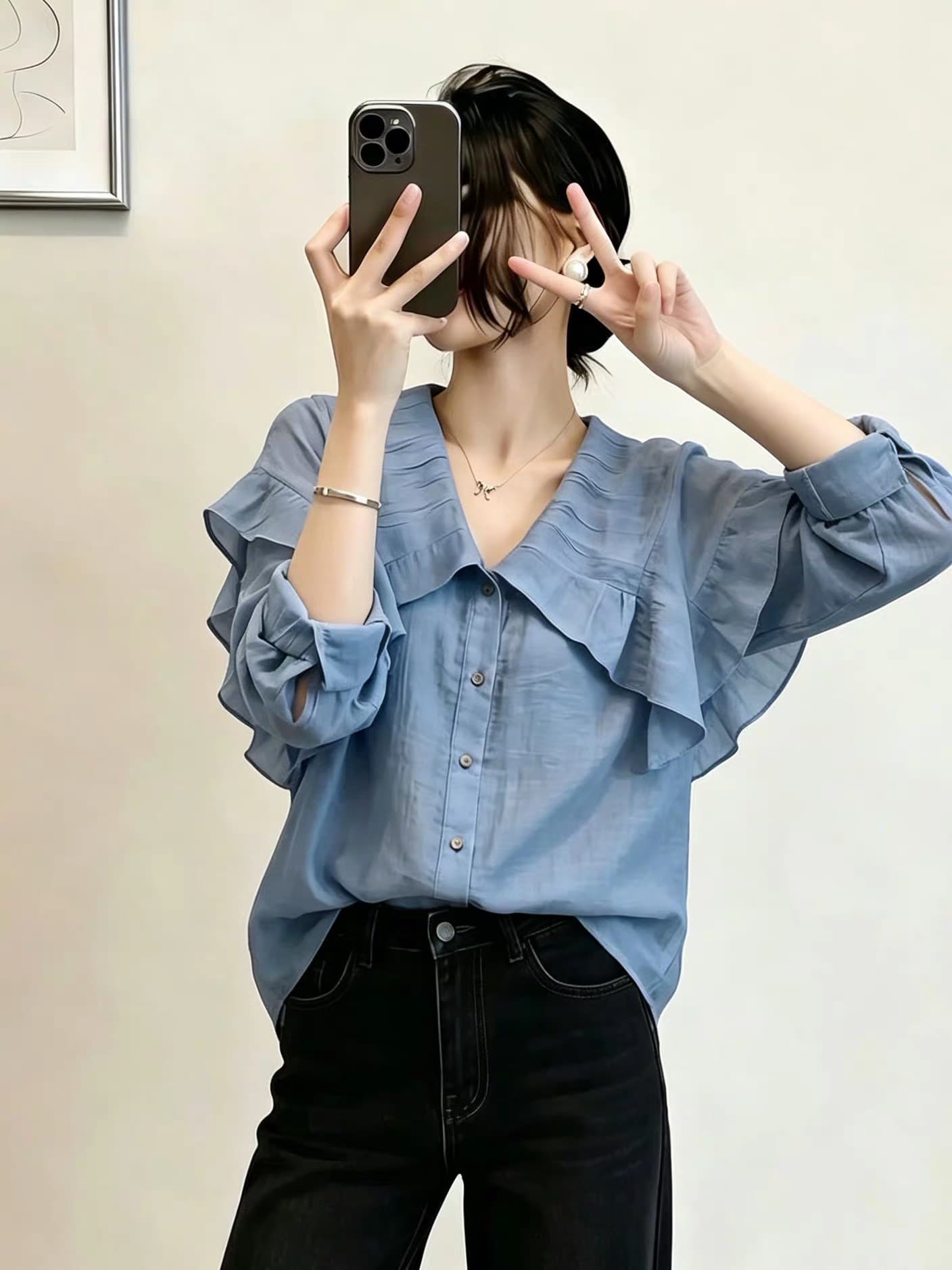 빅 사이즈 파란색 V넥 긍정적 인 어깨 긴팔 여성 셔츠 여름 지방 mm 고급 센스 얇은 스타일 셔츠 품격 고유 한 맨위 상세 이미지 4