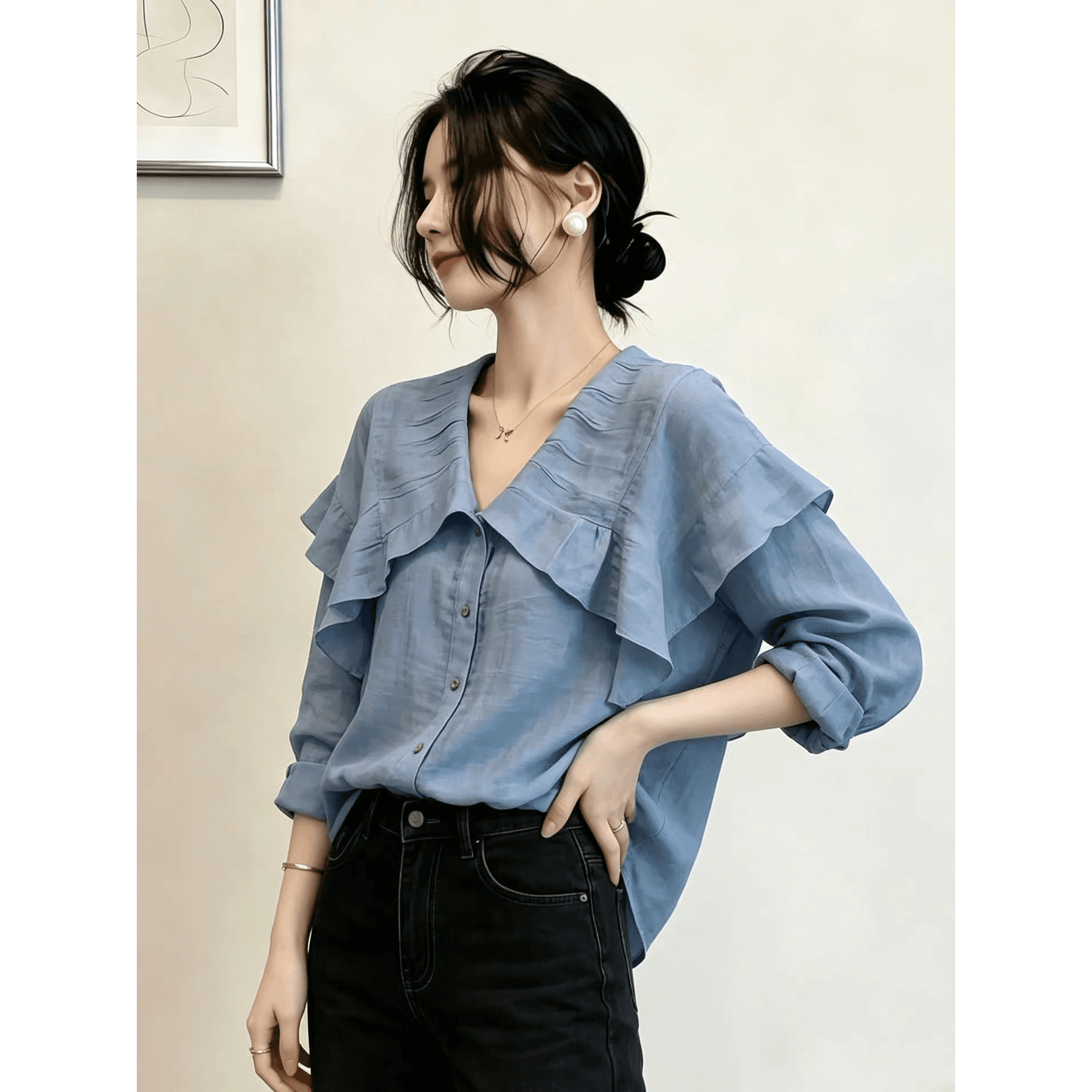 빅 사이즈 파란색 V넥 긍정적 인 어깨 긴팔 여성 셔츠 여름 지방 mm 고급 센스 얇은 스타일 셔츠 품격 고유 한 맨위 이미지 5