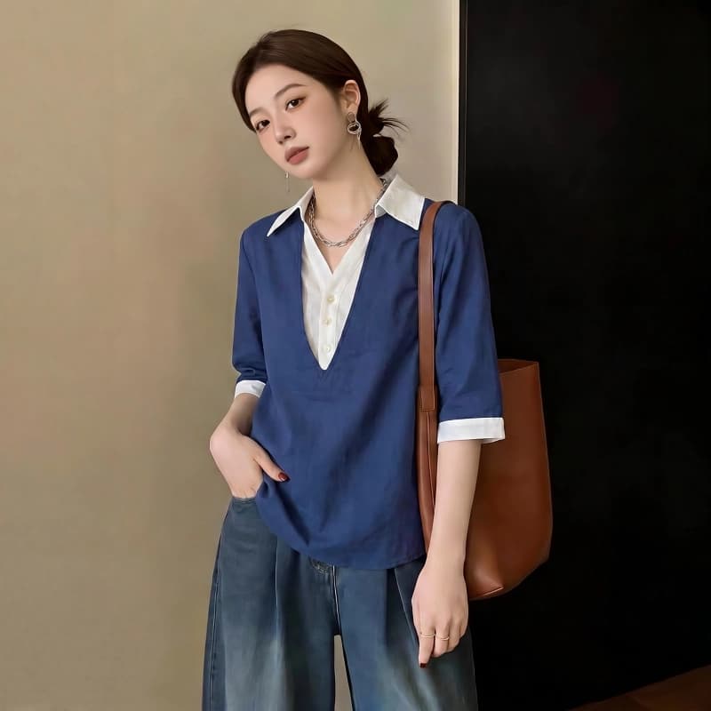 고급 센스 블루 색상 V넥 긍정적 인 어깨 반팔 여성 셔츠 2026 여름 새로운 빅 사이즈 지방 mm 페이크 레이어드 맨위 이미지 3