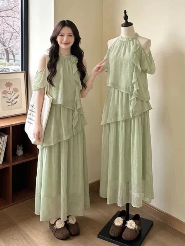 녹색 행침 목 오프숄더 여성 드레스 2026 새로운 여름 빅 사이즈 지방 mm 슬림해 보이는 고유 한 아름다운 휴가 롱 스커트 이미지 2