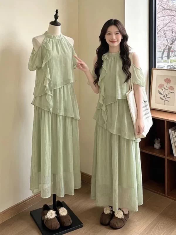녹색 행침 목 오프숄더 여성 드레스 2026 새로운 여름 빅 사이즈 지방 mm 슬림해 보이는 고유 한 아름다운 휴가 롱 스커트 이미지 3