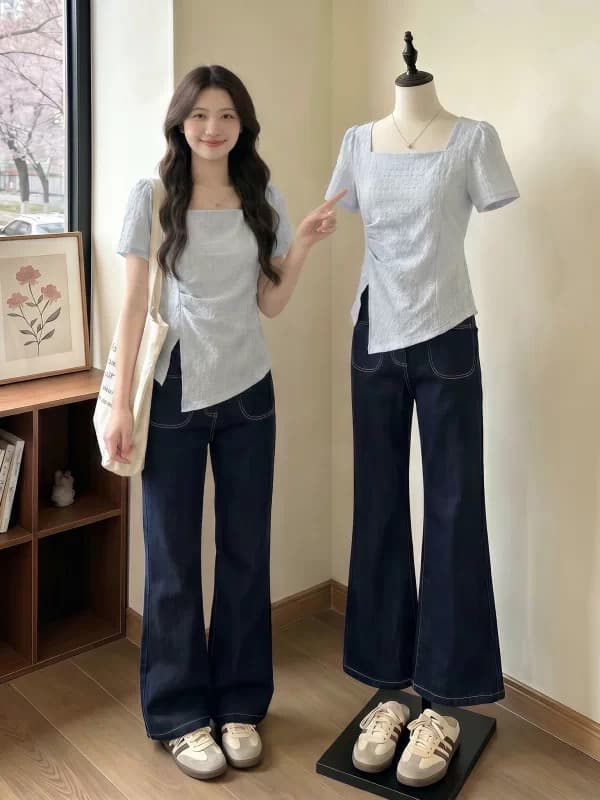 질감 센스 광장 칼라 긍정적 인 어깨 반팔 티셔츠 여성 2026 여름 새로운 빅 사이즈 지방 mm 외국 가스 작은 셔츠 불규칙 맨위 이미지 3