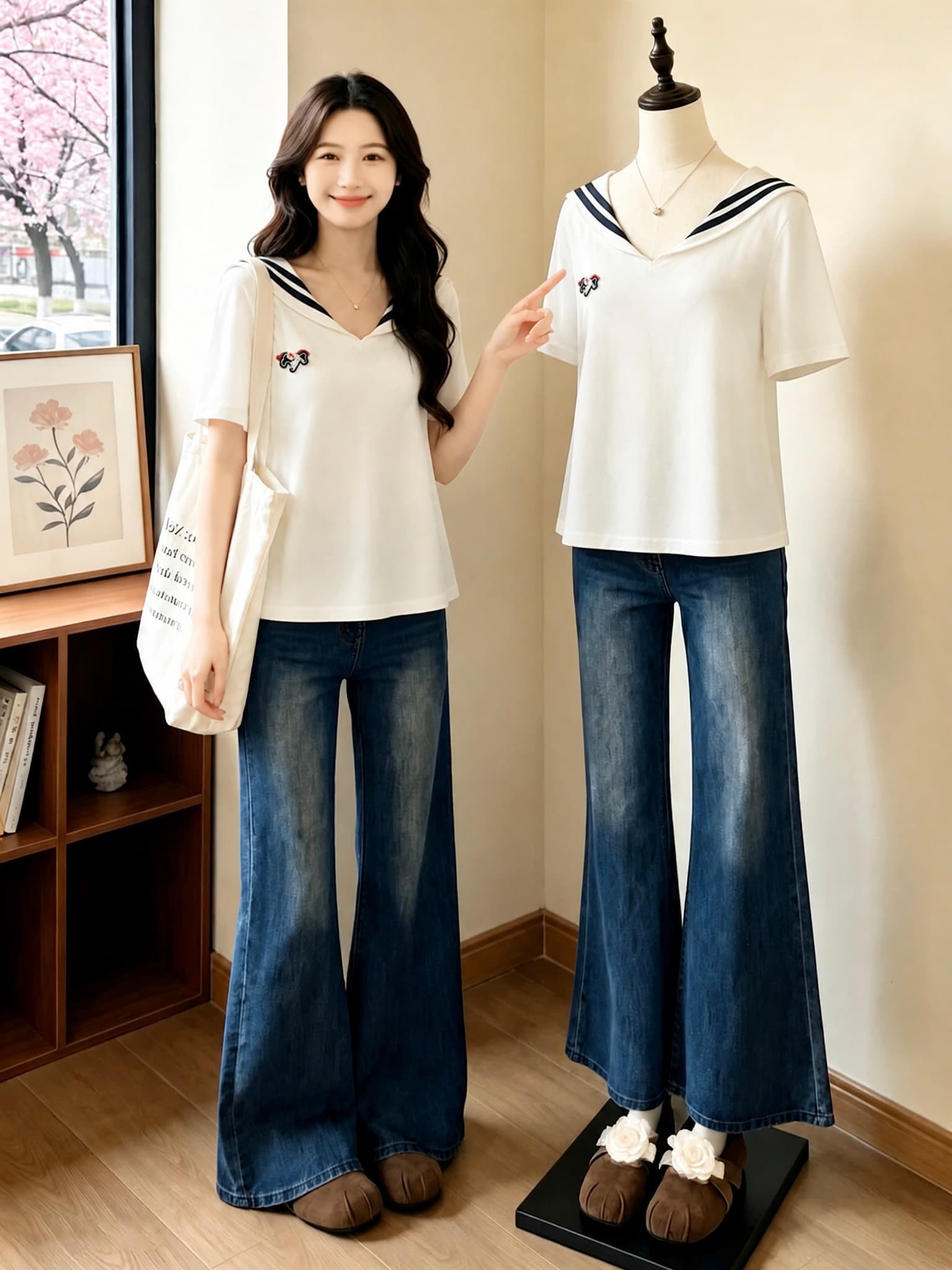 블루 색상 해군 칼라 긍정적 인 어깨 반팔 티셔츠 여성 2026 새로운 여름 빅 사이즈 지방 mm 표지 배 슬림해 보이는 연령 감소 맨위 이미지 3