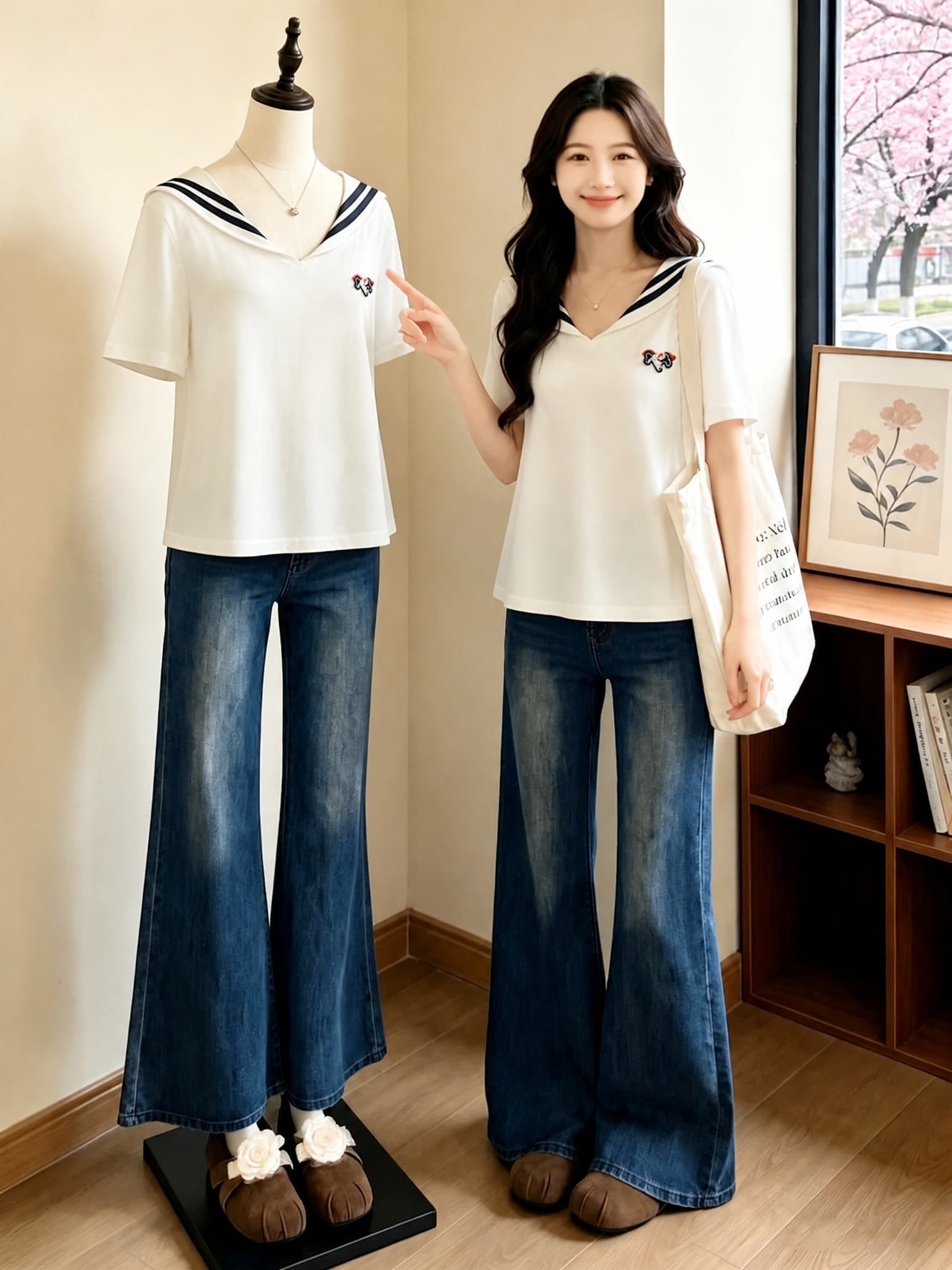 블루 색상 해군 칼라 긍정적 인 어깨 반팔 티셔츠 여성 2026 새로운 여름 빅 사이즈 지방 mm 표지 배 슬림해 보이는 연령 감소 맨위 상세 이미지 2