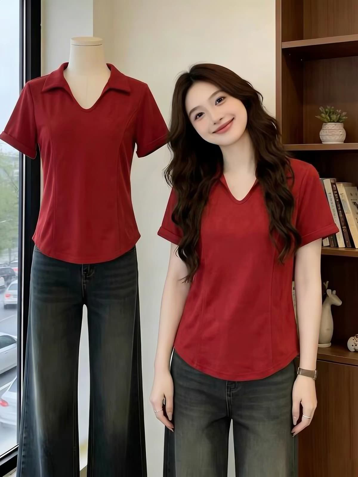 빨간색 POLO 칼라 긍정적 인 어깨 반팔 티셔츠 여성 2026 새로운 여름 빅 사이즈 지방 mm 슬림해 보이는 표지 배 생선뼈 맨위