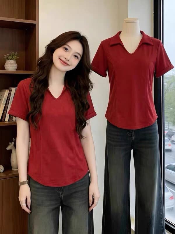 빨간색 POLO 칼라 긍정적 인 어깨 반팔 티셔츠 여성 2026 새로운 여름 빅 사이즈 지방 mm 슬림해 보이는 표지 배 생선뼈 맨위 상세 이미지 4