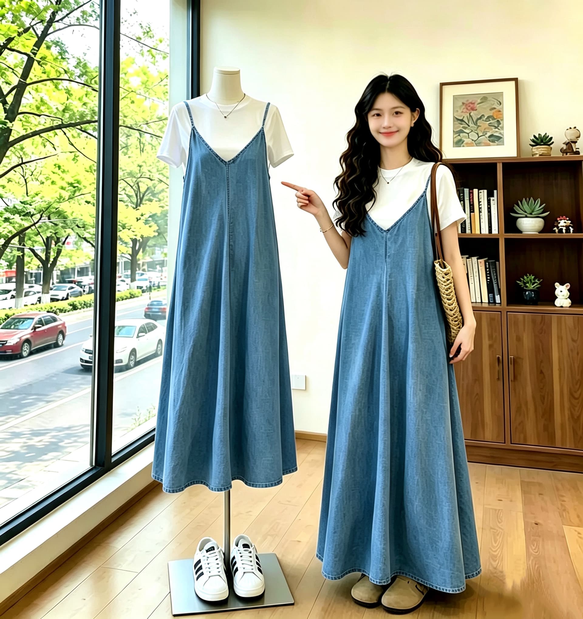 고급 센스 데님 슬립 드레스 여성 여름 빅 사이즈 지방 mm 슬림해 보이는 표지 고기 연령 감소 슈퍼 잘 생긴 투피스 세트