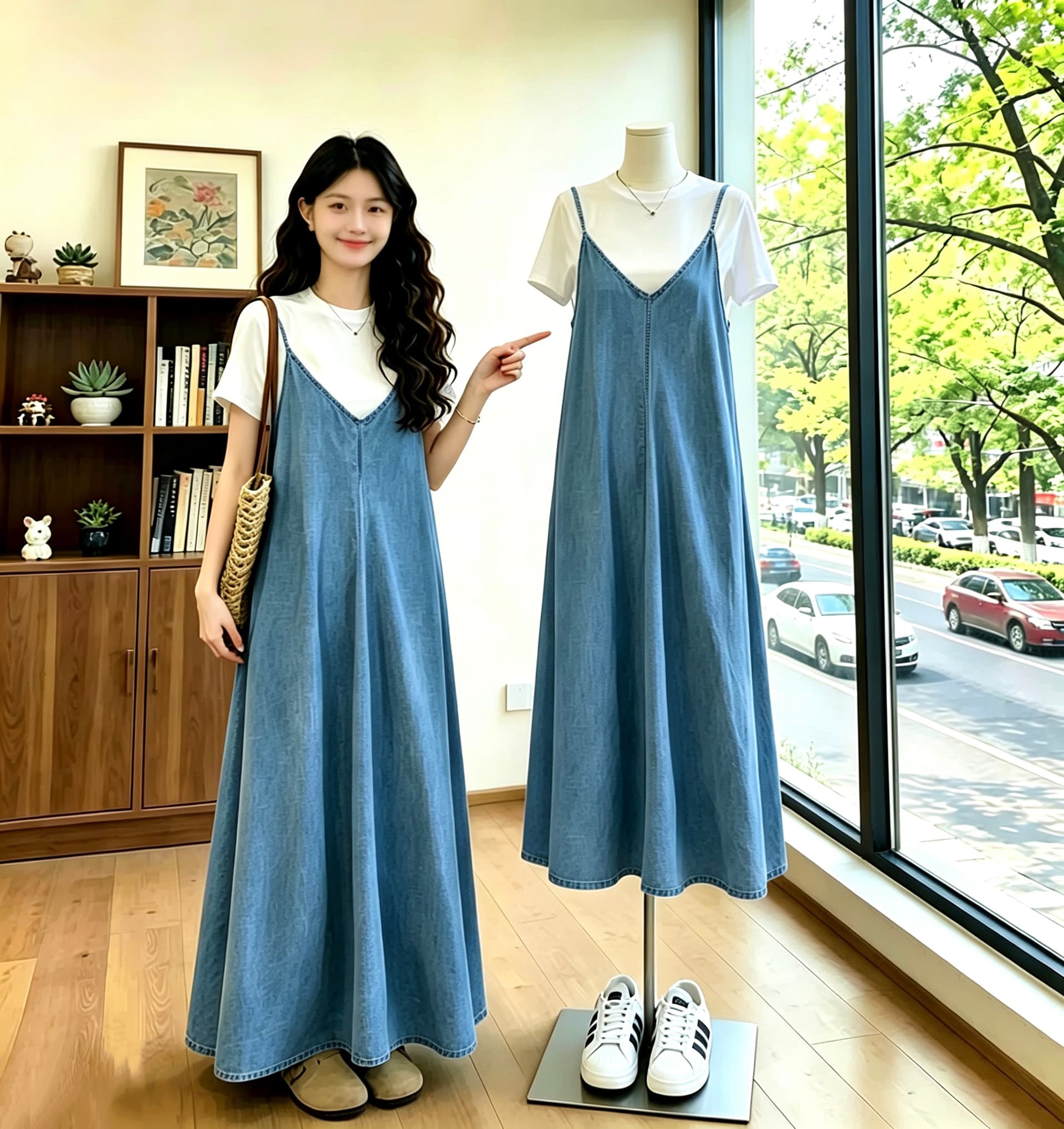 고급 센스 데님 슬립 드레스 여성 여름 빅 사이즈 지방 mm 슬림해 보이는 표지 고기 연령 감소 슈퍼 잘 생긴 투피스 세트 이미지 2
