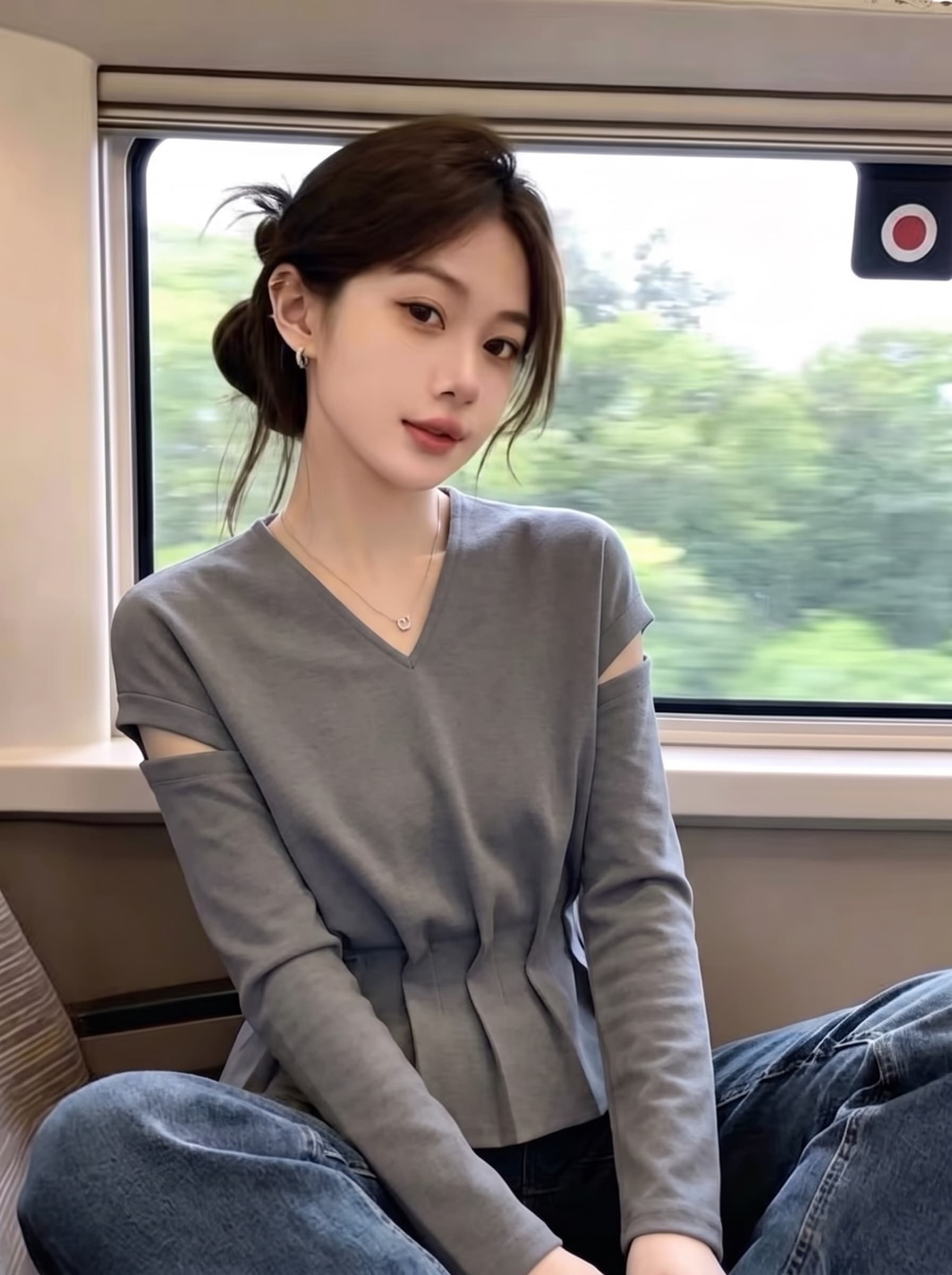 부드러운 절묘한 회색 여성 셔츠 2026 가을 겨울 달콤함 V넥 허리 수축 플리츠 디자인 센스 긴팔 다용도 맨위 상세 이미지 3