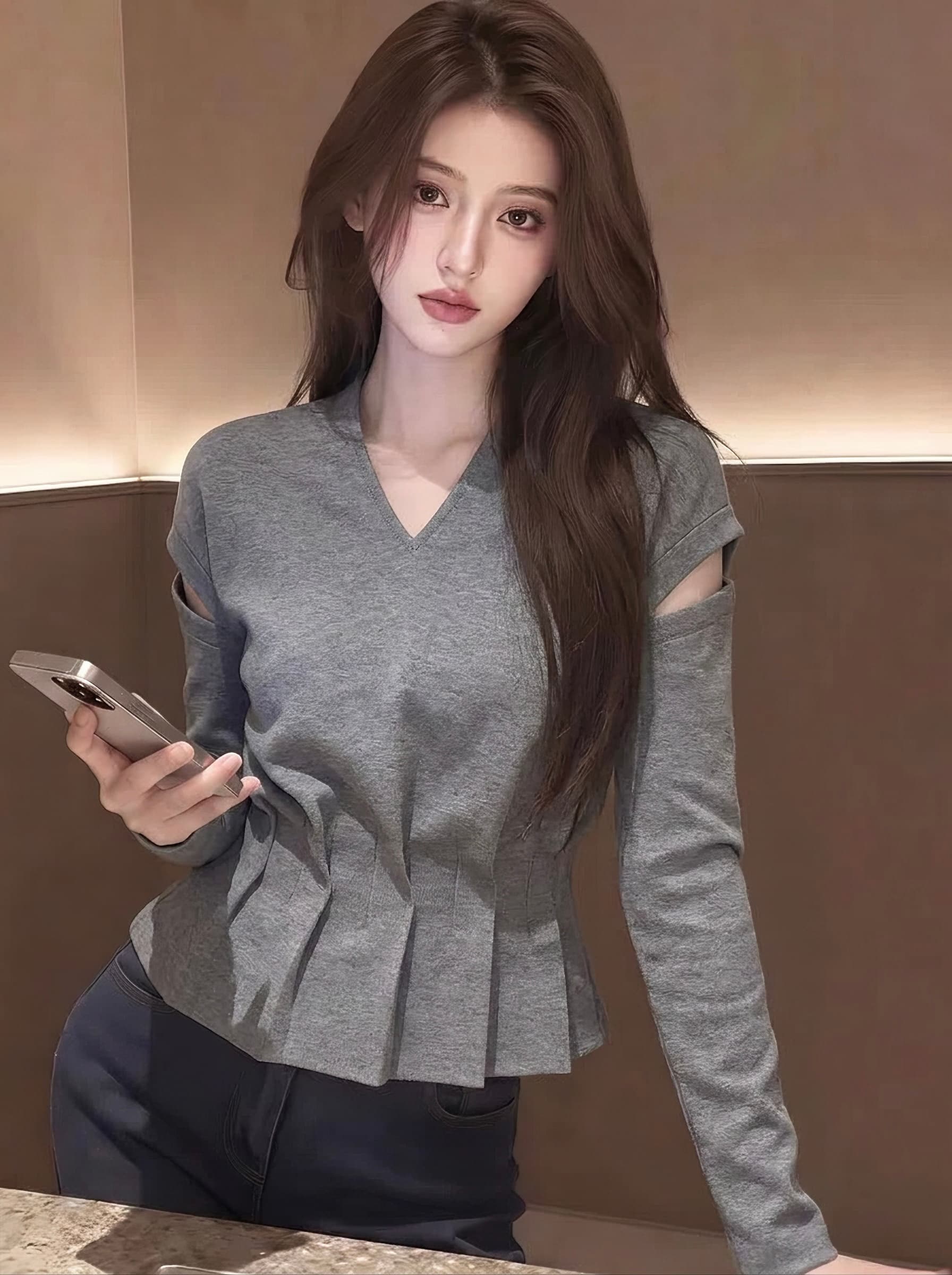 부드러운 절묘한 회색 여성 셔츠 2026 가을 겨울 달콤함 V넥 허리 수축 플리츠 디자인 센스 긴팔 다용도 맨위 상세 이미지 5