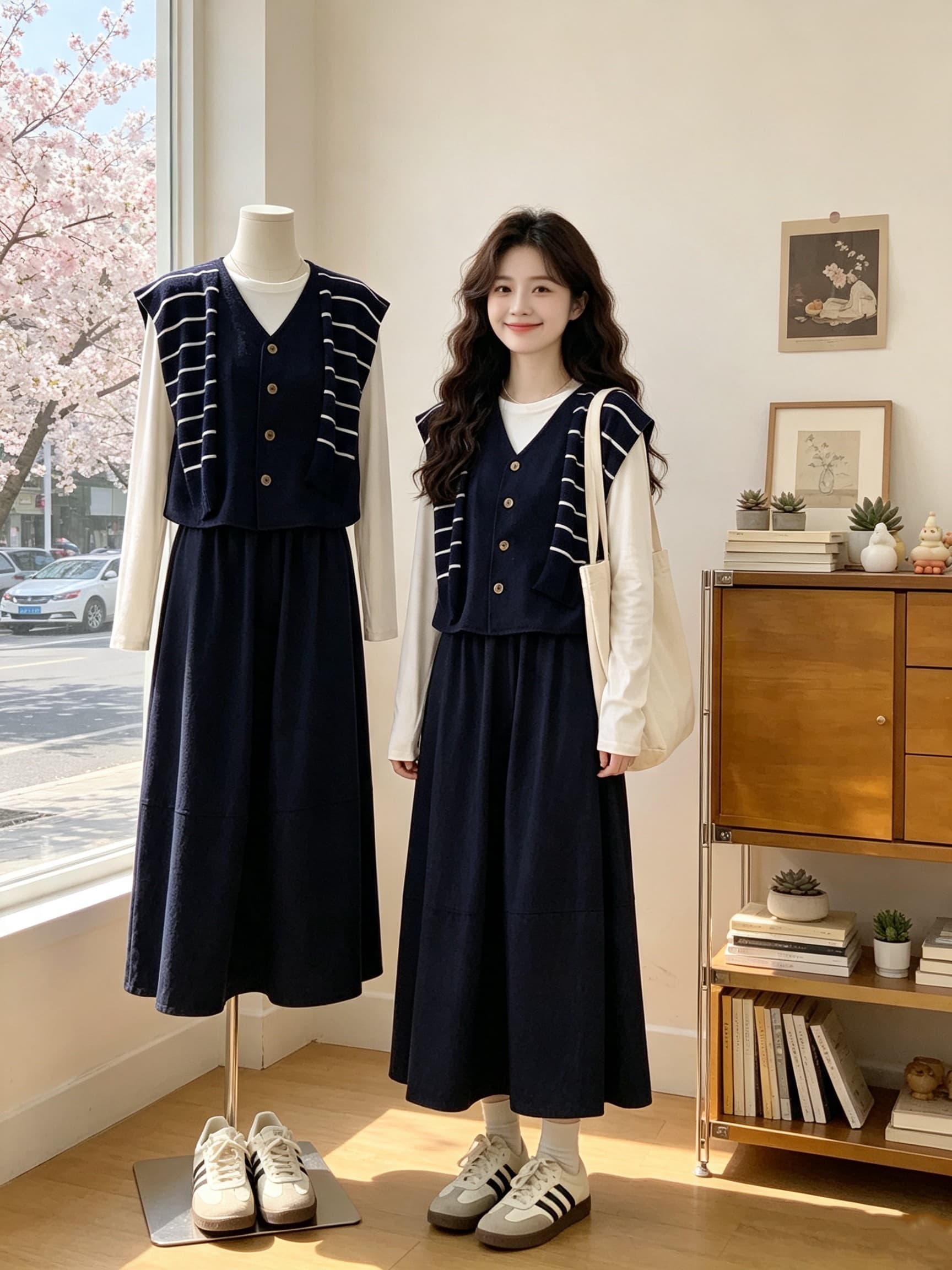 진한 파란색 레트로 스트라이프 숄 데님 베스트 세트 드레스 여성 2026 가을 연령 감소 캐주얼 반신 스커트 3종 세트 이미지 2