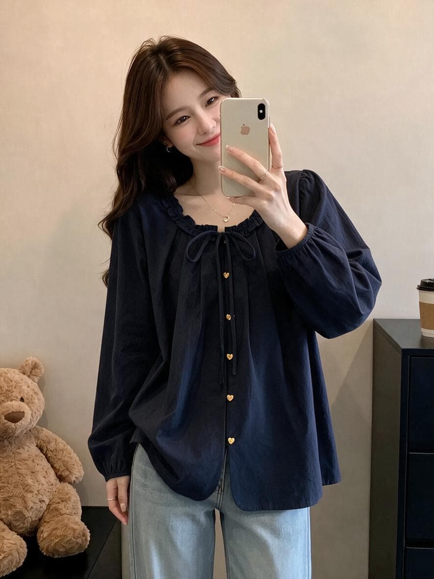 한국 스타일 프릴 라운드 넥 레이스업 긴팔 여성 셔츠 가을 의상 빅 사이즈 지방 mm 레트로 작은 대중 품격 다용도 맨위 이미지 3