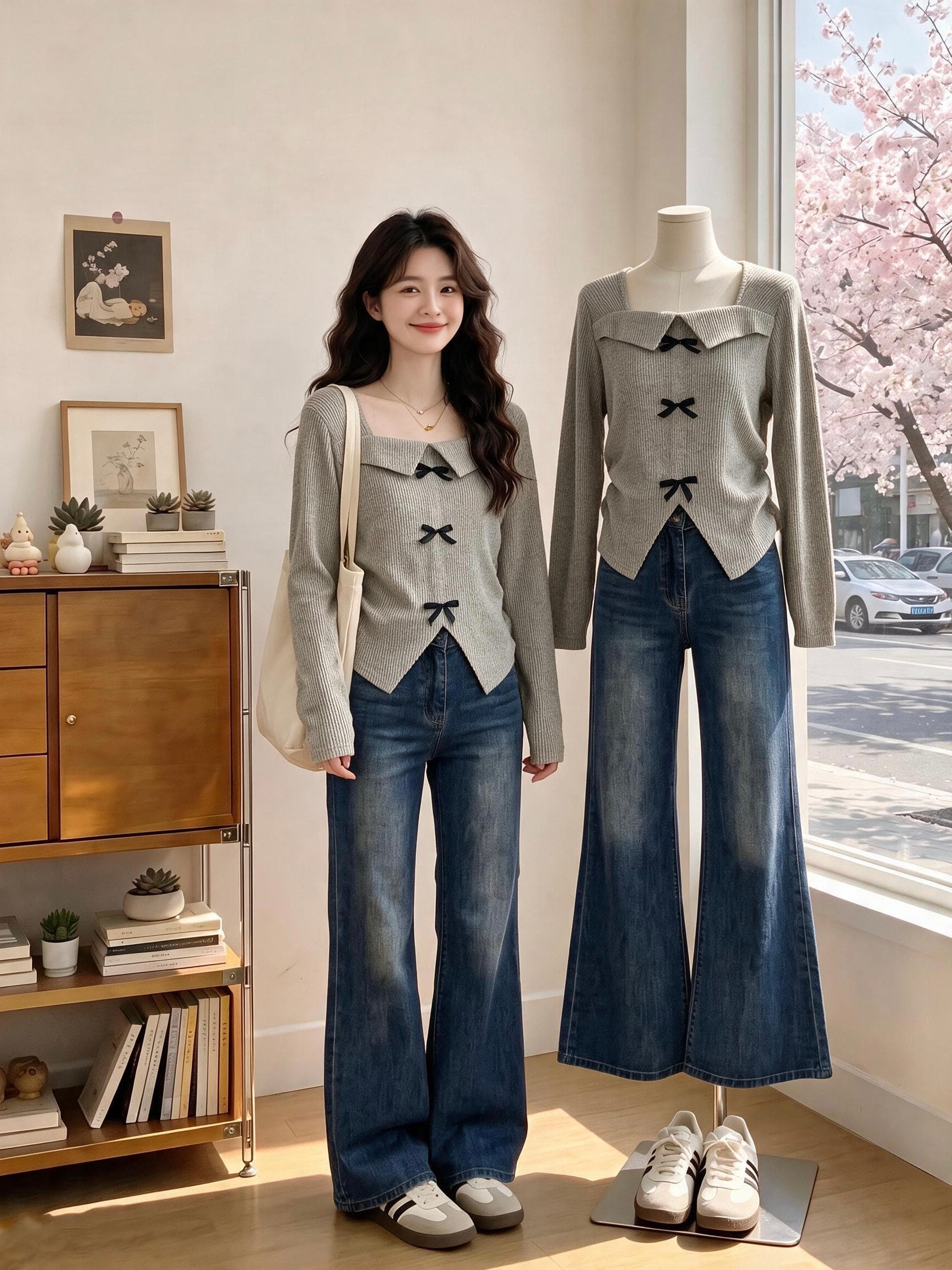 프랑스식 나비 매듭 광장 칼라 긍정적 인 어깨 니트 스웨터 빅 사이즈 여성 의류 2026 가을 마이크로 지방 mm 기본 셔츠 트임 맨위 상세 이미지 2