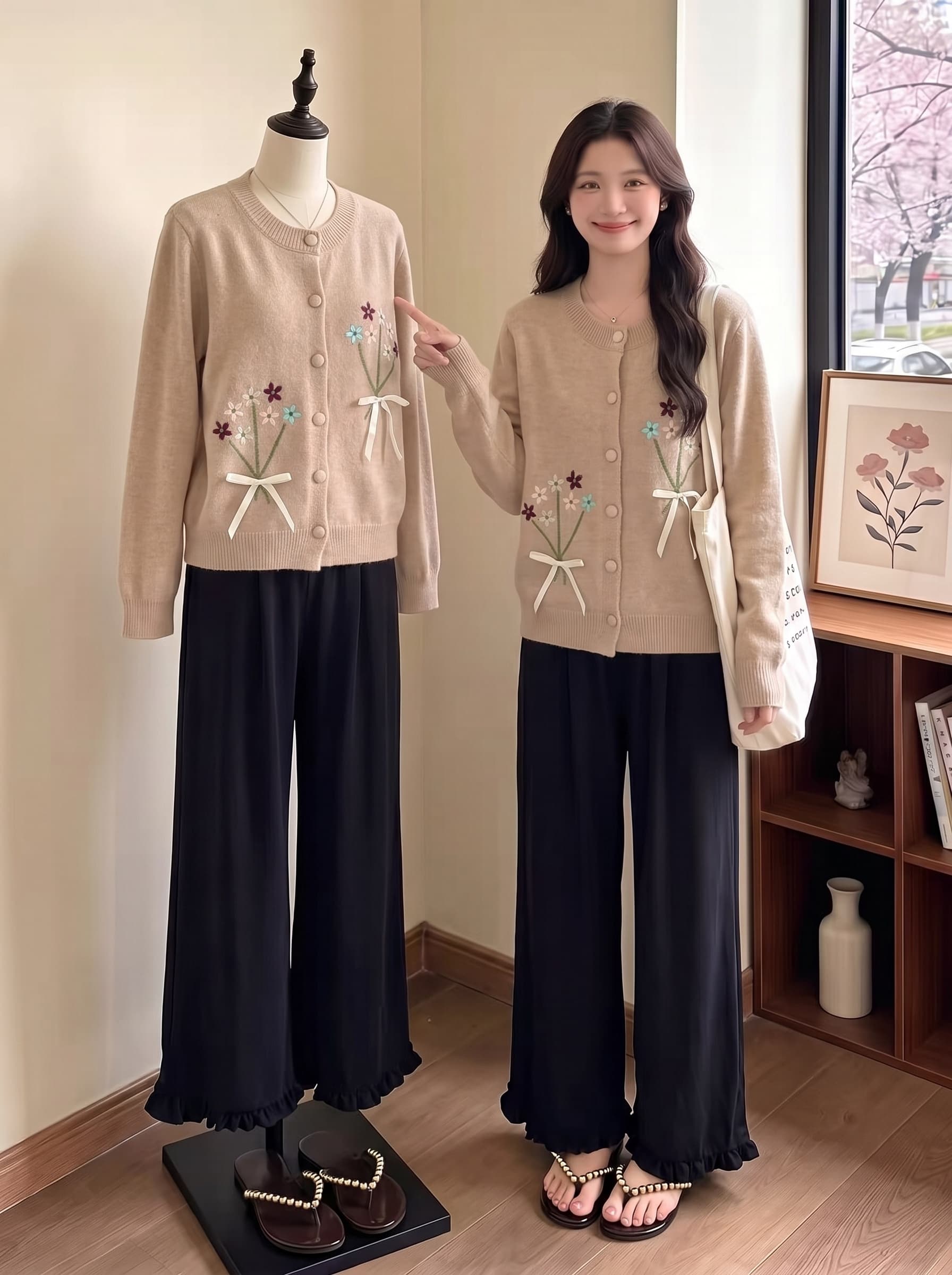 빅 사이즈 여성 의류 2026 년 가을 패션 다용도 라운드 넥 나비 매듭 꽃다발 자수 품격 긴팔 니트 스웨터 여성 상세 이미지 3