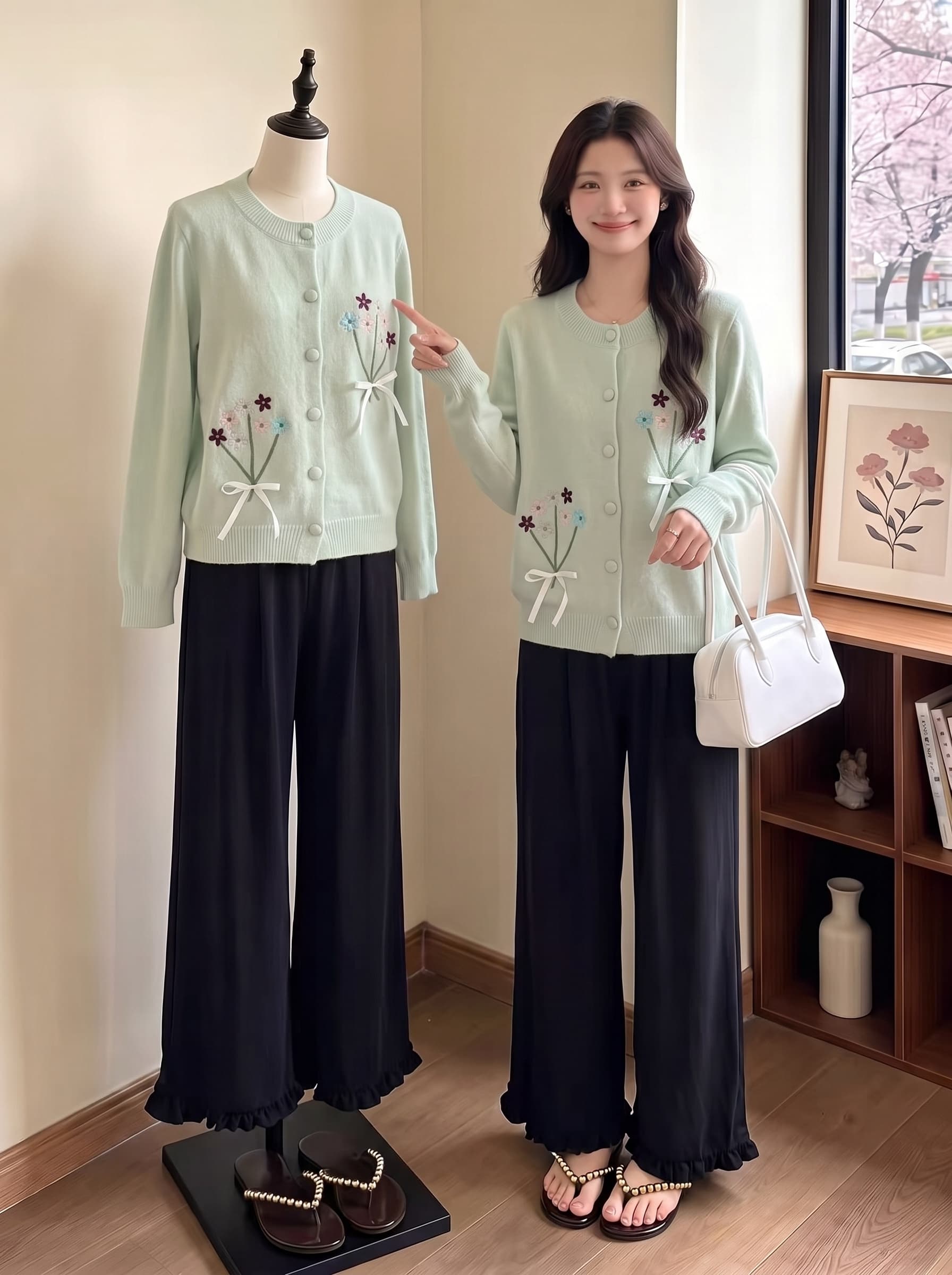 한 부서 달콤함 자수 꽃 나비 매듭 니트 오픈 가디건 루즈핏 느긋한 바람 부드러운 찹쌀 다용도 슬림해 보이는 스웨터 코트 상세 이미지 9