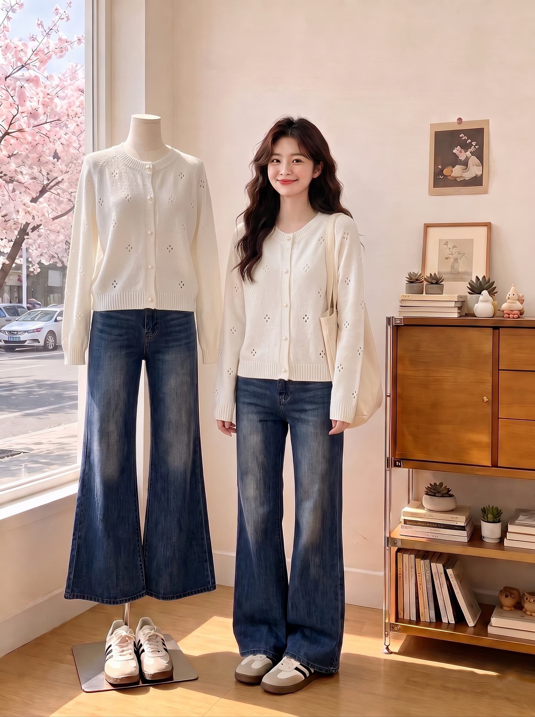 한 부서 부드러운 바람 홀로우 아웃 라운드 넥 쇼트 스타일 니트 오픈 가디건 여성 가을 새로운 부드러운 찹쌀 루즈핏 슬림해 보이는 얇은 스타일 맨위 상세 이미지 3