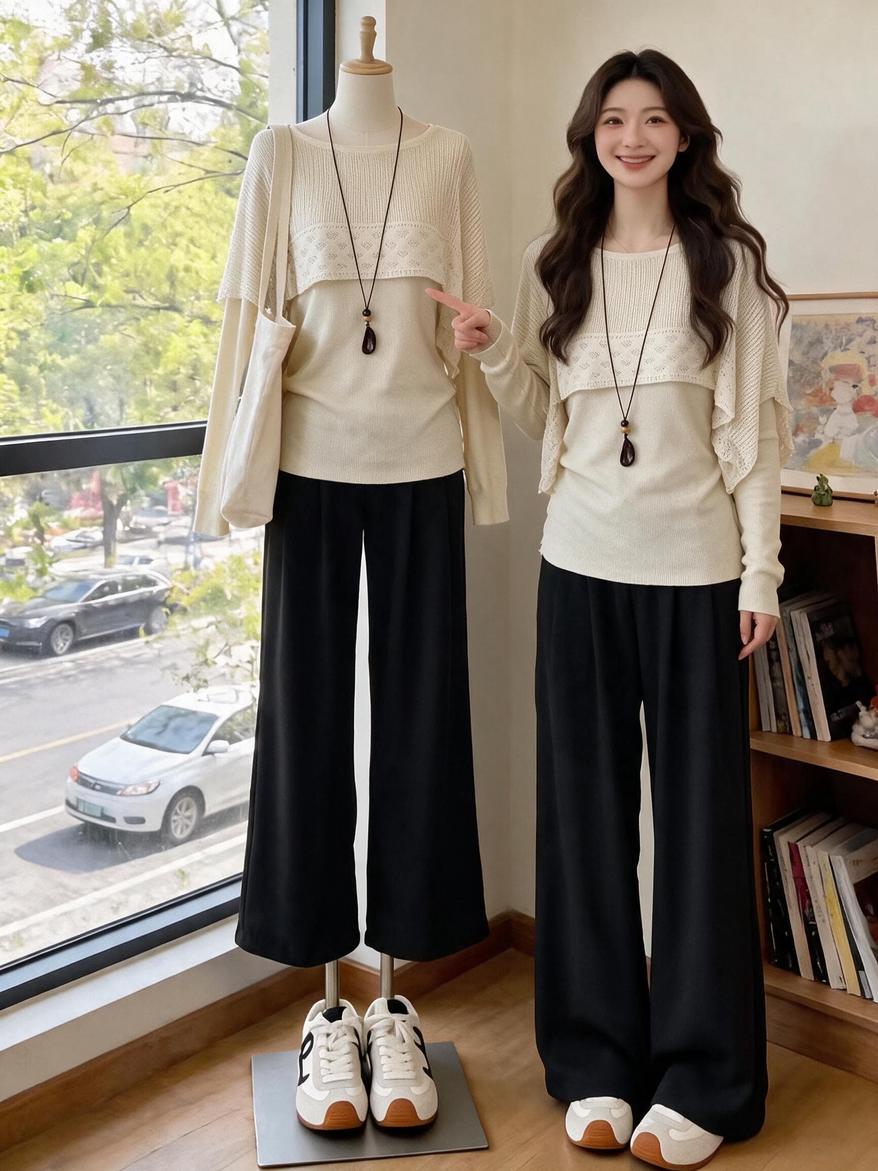 프랑스식 느긋한 바람 홀로우 아웃 프릴 페이크 레이어드 긴팔 니트 스웨터 여성 초기 가을 풀오버 연령 감소 슬림해 보이는 맨위